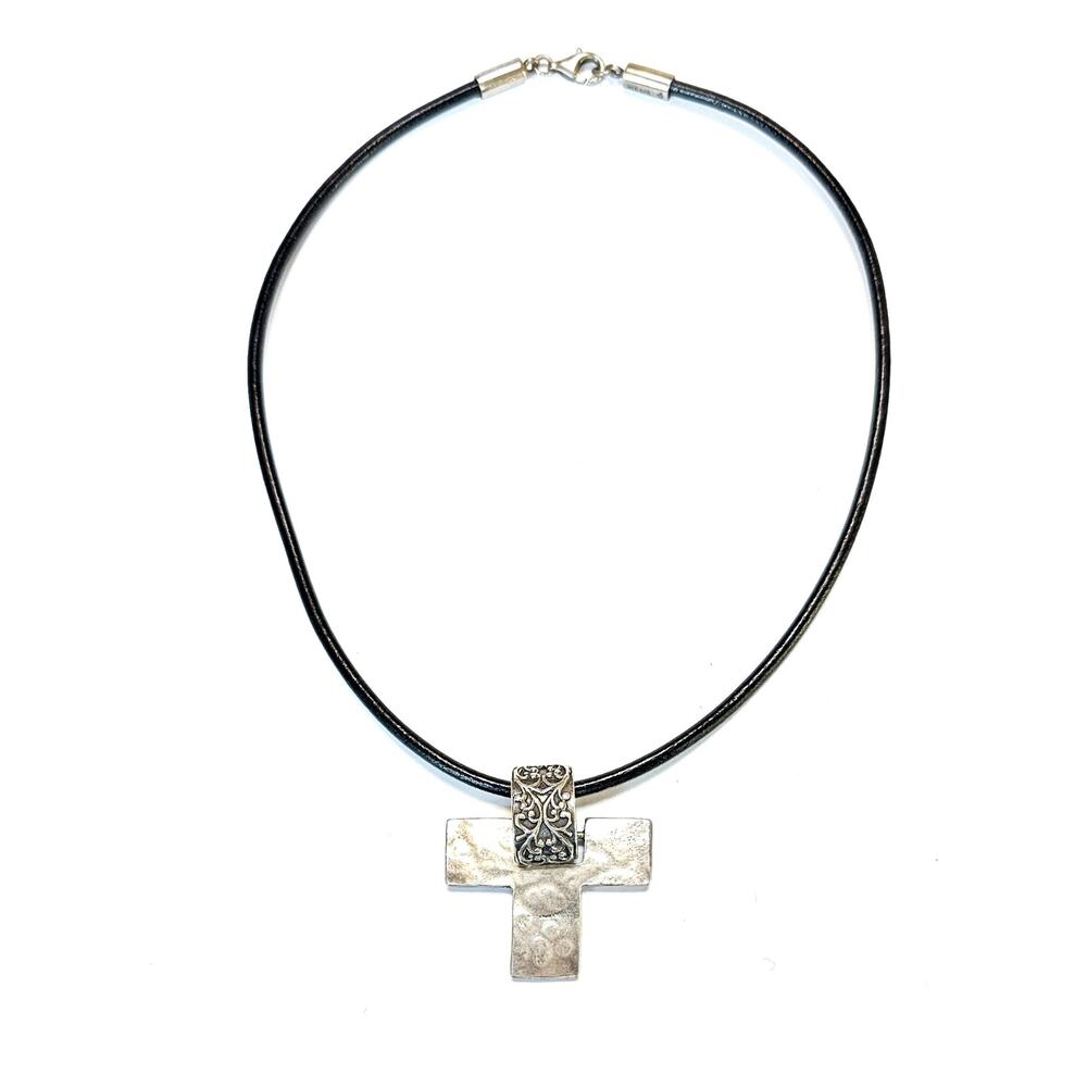 Silpada Sterling Cross Pendant Leather Necklace Sterling Clasp 1 1/2"